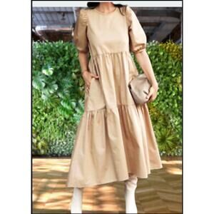 Code X Mode Taupe DRESS PUFF SLEEVES Pockets SIZE Small lightweight Tiered NEW